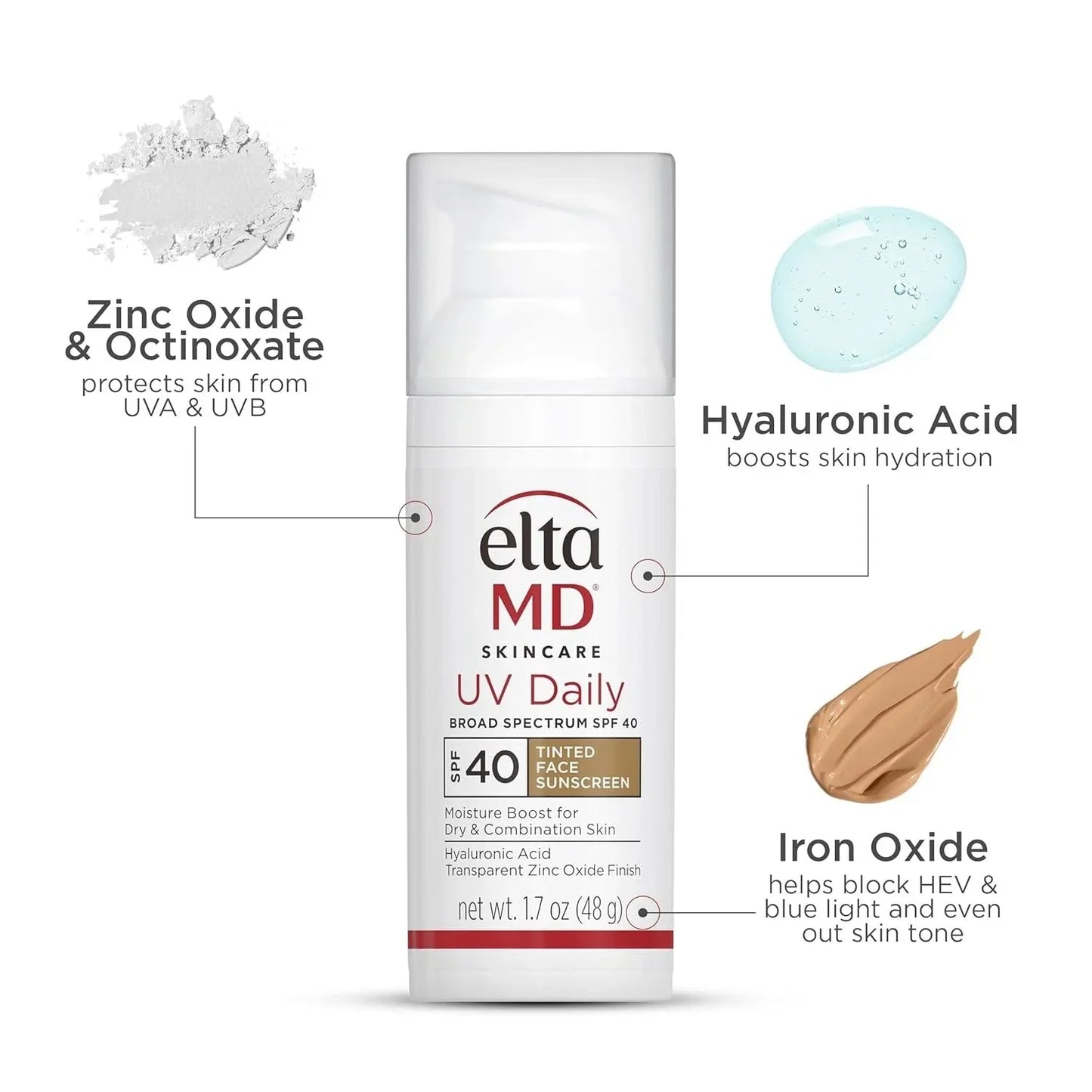 EltaMD UV Daily Broad Spectrum SPF 40 Tinted Face Sunscreen with Hyaluronic Acid 1.7 oz (48g) – Moisturizing UVA/UVB Protection